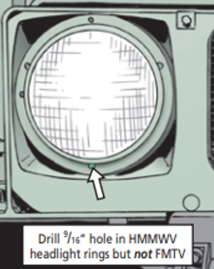 Drill 9/16” in drain hole in HMMWV headlight rings, but not FMTV