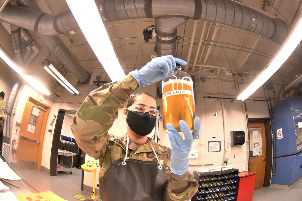 A Soldier conducts a visual inspection of fuel for debris and color during a 92L Petroleum Laboratory Specialist Course training session Jan. 22.