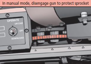 In manual mode, disengage gun to protect sprocket
