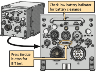 Check low batter indicator for battery clearance. Press zeroize button for BIT test.