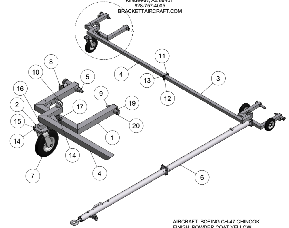 Schematic of two-wheel tow bar component parts
