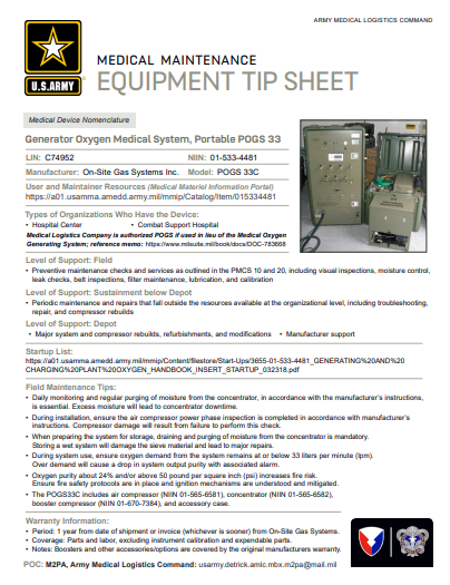 Generator Oxygen Medical System POGS 33 Tip Sheet