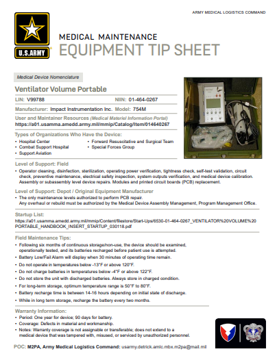 Ventilator Volume Portable Model 754M Tip Sheet