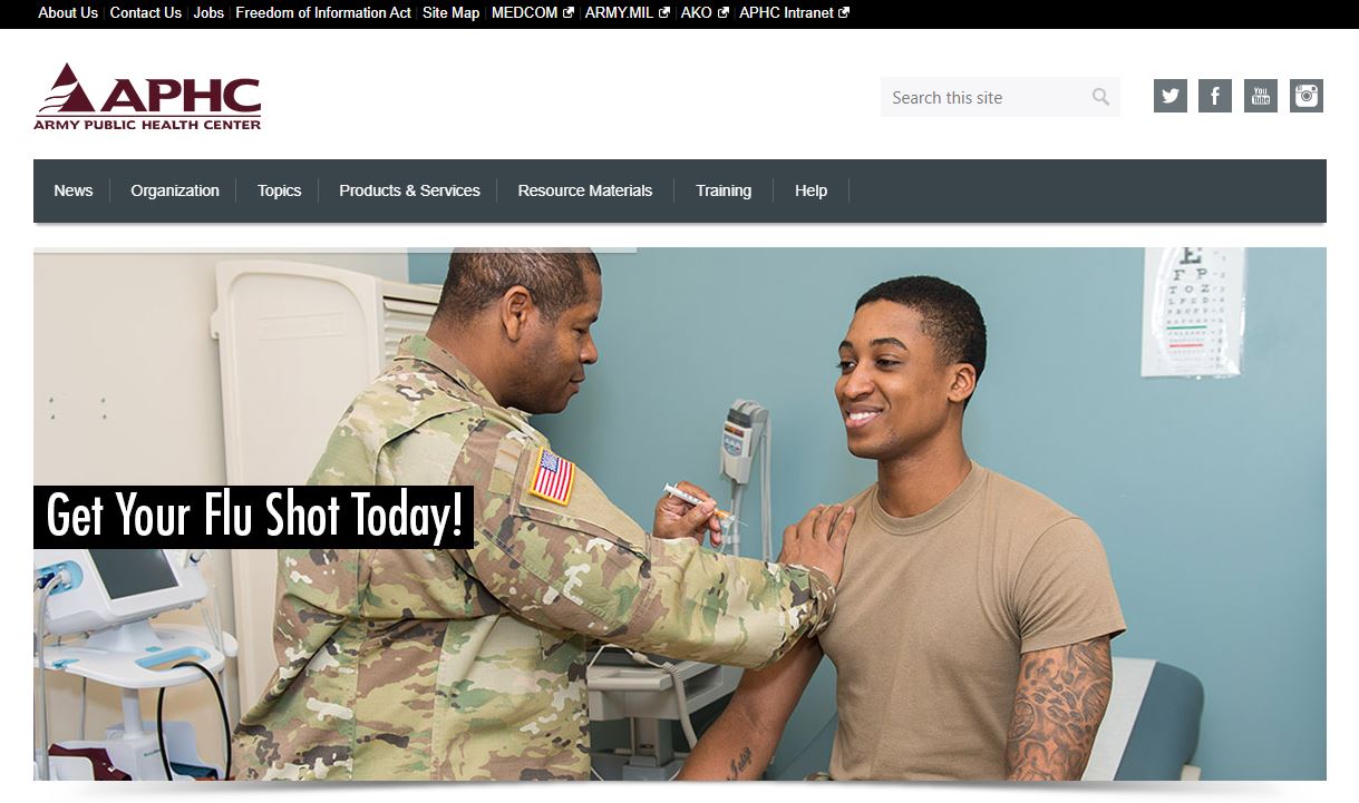 Screenshot of Army Public Health Center's homepage.
