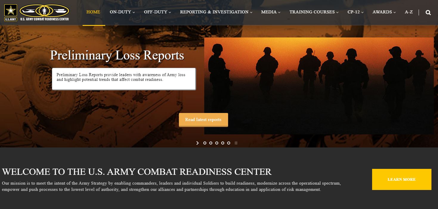 Screenshot of U.S. Army Combat Readiness Center's homepage